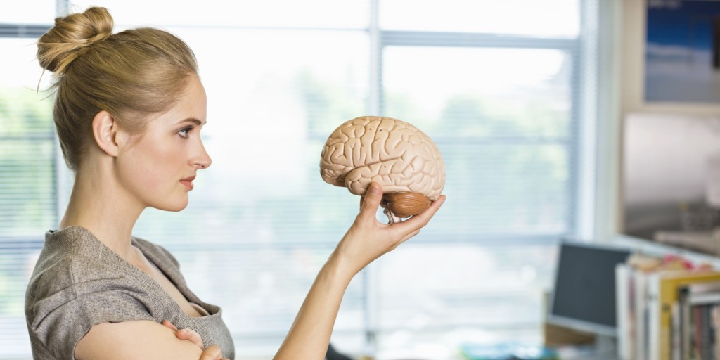woman holding and looking at a plastic brain